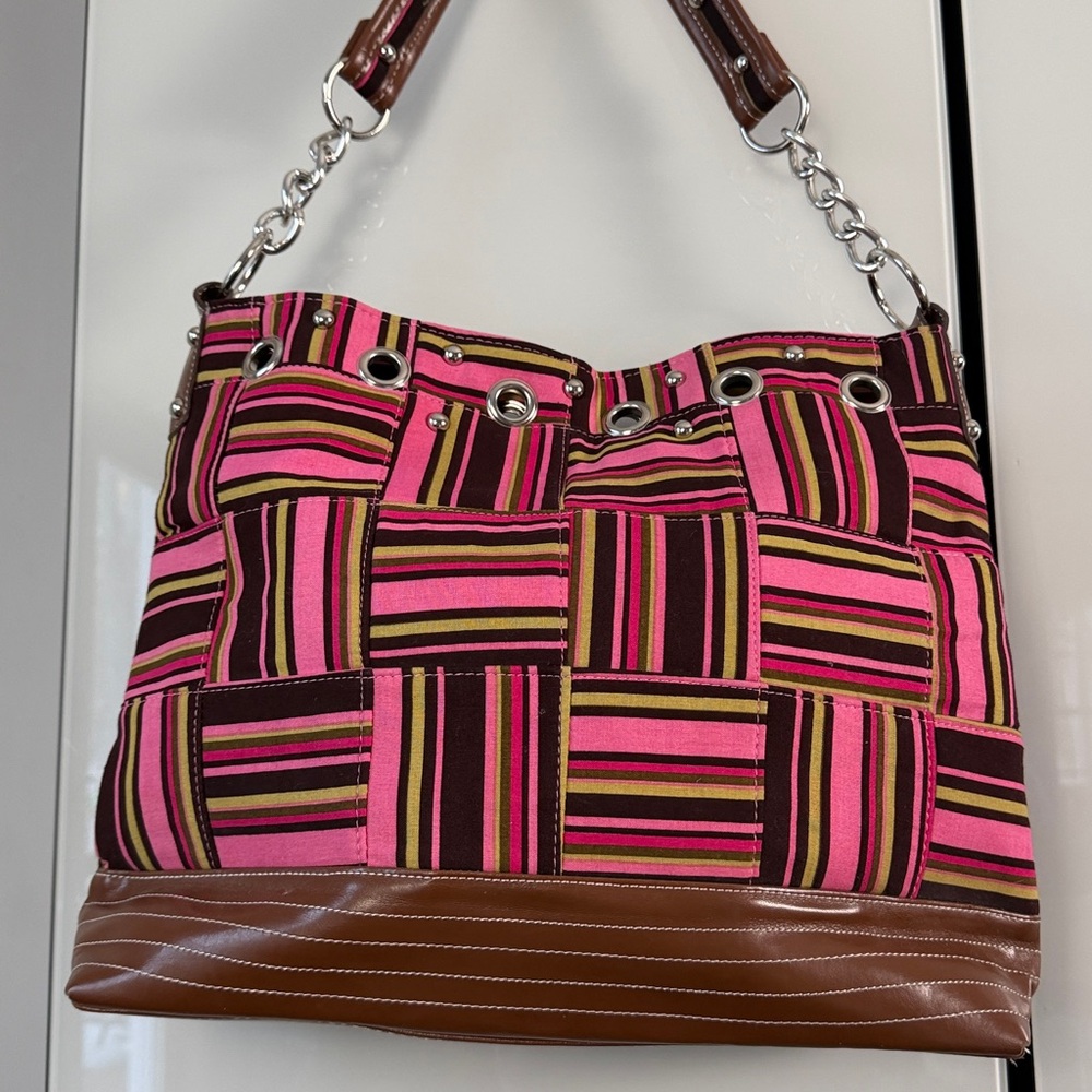Pink Striped Vegan Leather Studded Bag Rhinestone Glam |Statement Purse Like New - Picture 11 of 17